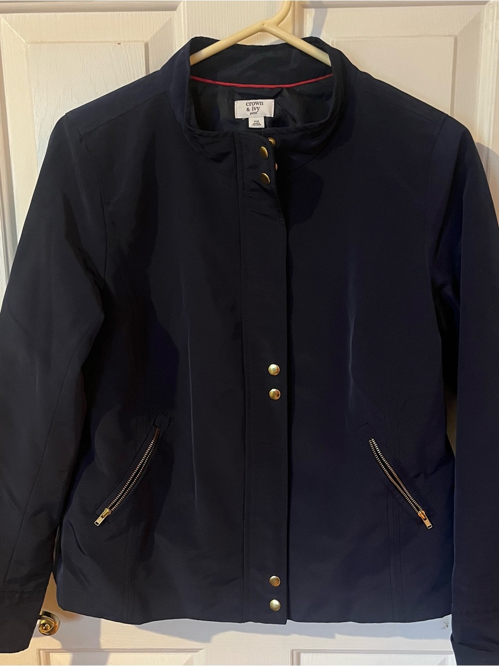 Crown & Ivy Petite Navy Utility Jacket PM Gold Zip Lightweight